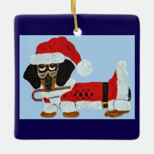 Svart och Tan Doxie Tomte med en sockerrör Julgransprydnad Keramik