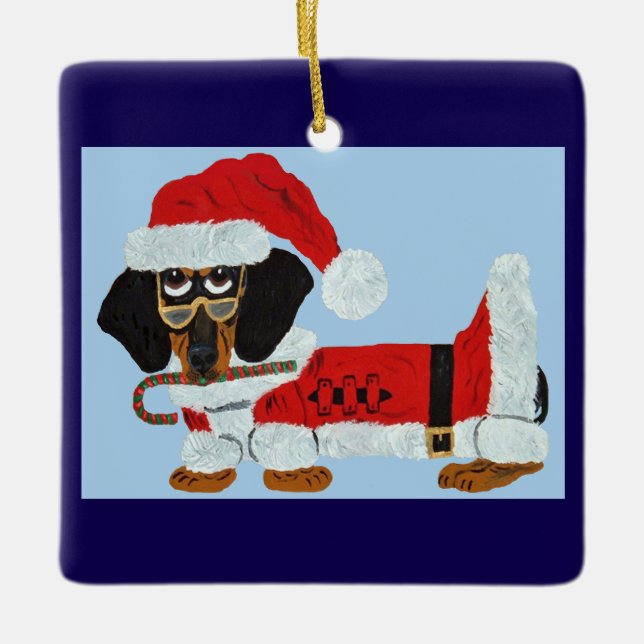 Svart och Tan Doxie Tomte med en sockerrör  Julgransprydnad Keramik (Framsida)