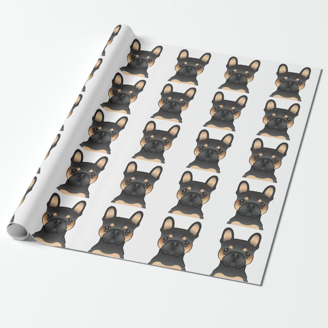Svart och Tan Fransk Bulldog Serieteckning Hundmön Presentpapper (Utrullad)