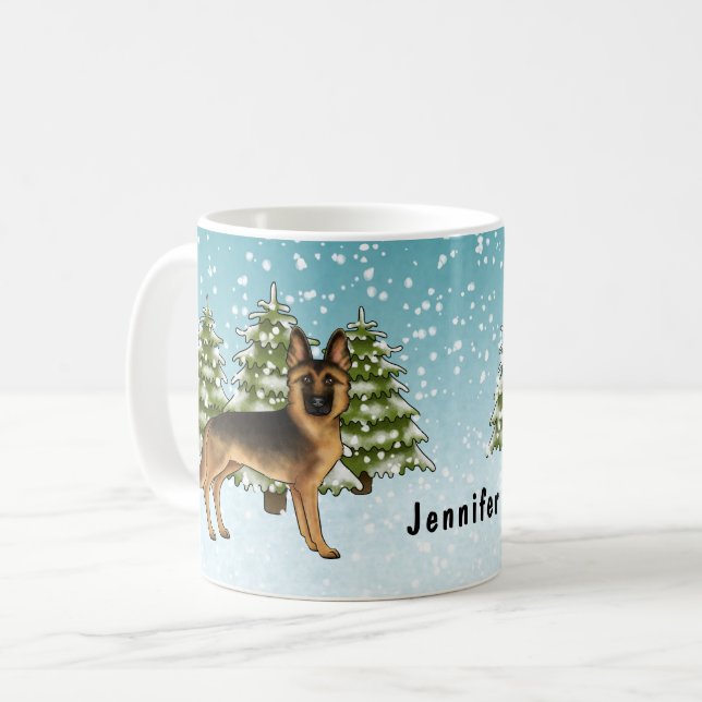 Svart och Tan German Shepherd Hund Winter Forest Kaffemugg (Framsida vänster)