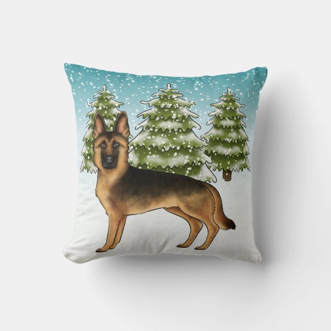 Svart och Tan German Shepherd Hund Winter Forest Kudde (Framsida)