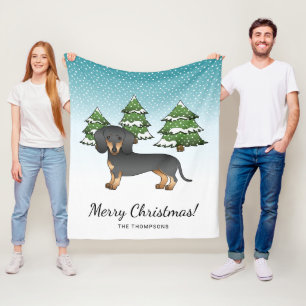 Svart och Tan Korthårig Dachshund - Vinter Skog Fleecefilt