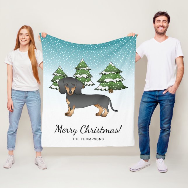 Svart och Tan Korthårig Dachshund - Vinter Skog Fleecefilt (På plats)
