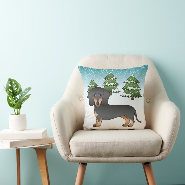 Svart och Tan Korthårig Dachshund - Vinter Skog Kudde (Stol)