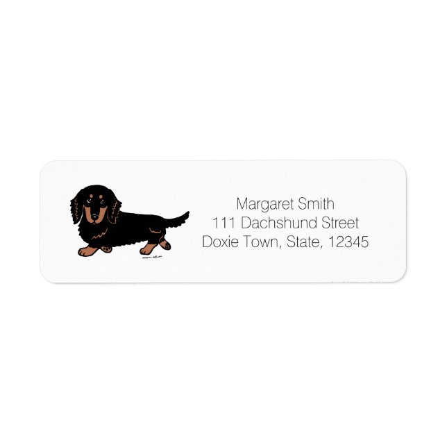 Svart och Tan Långhårig Dachshund 1 Returadress Etikett (Framsidan)