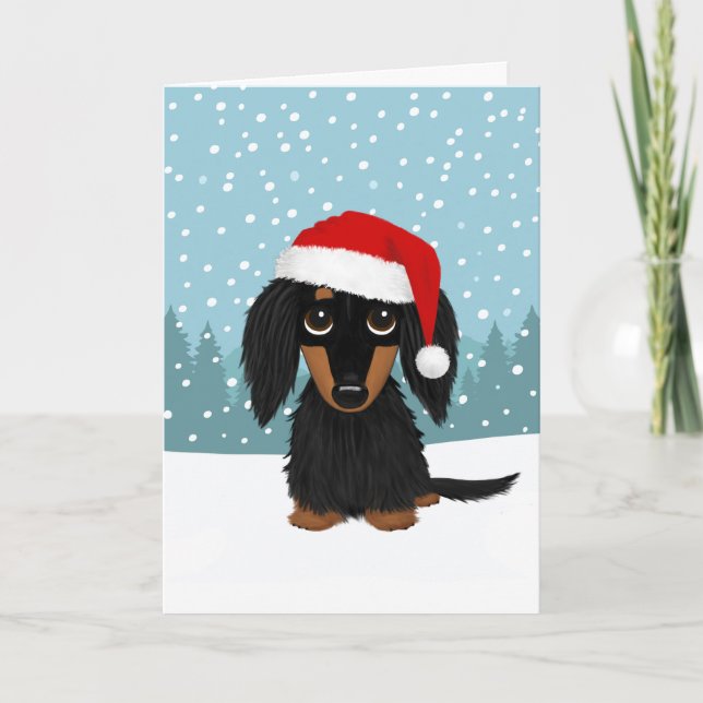 Svart och Tan Långhårig Dachshund-Hund jul Helgkort (Framsida)