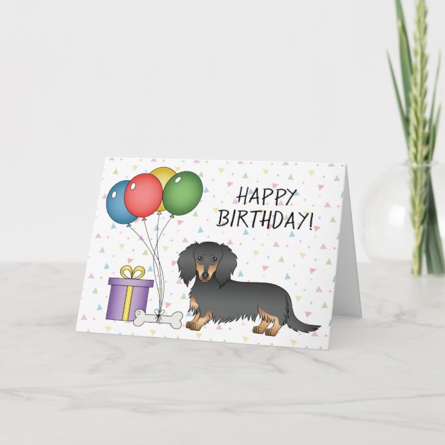 Svart Och Tan Långhårig Dachshund Lycka Till Födel Kort (Framsida)