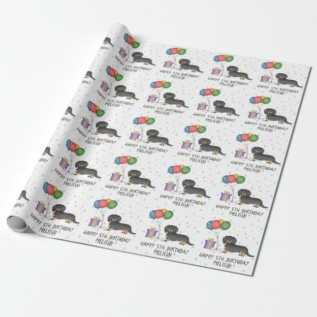 Svart Och Tan Långhårig Dachshund Lycka Till Födel Presentpapper (Utrullad)