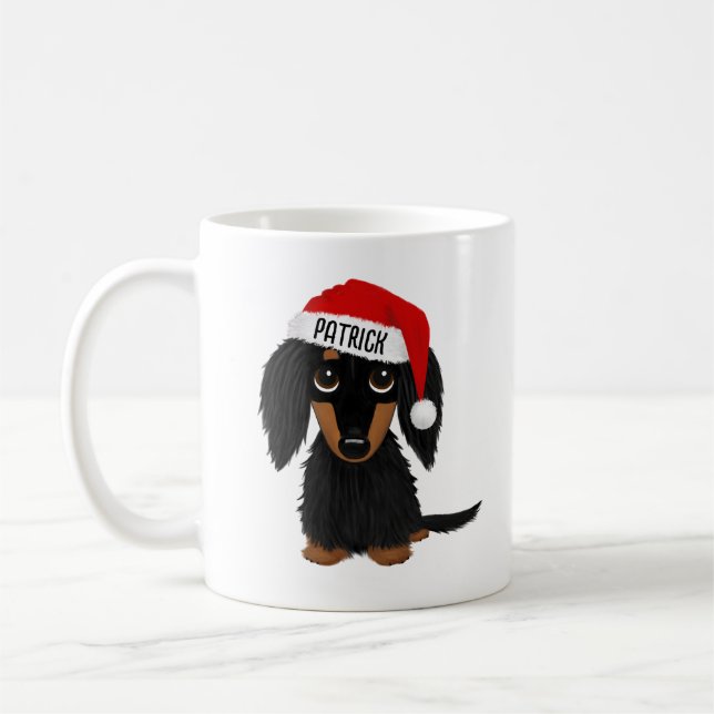 Svart och Tan Långhårig Dachshund Santa Anpassning Kaffemugg (Vänster)