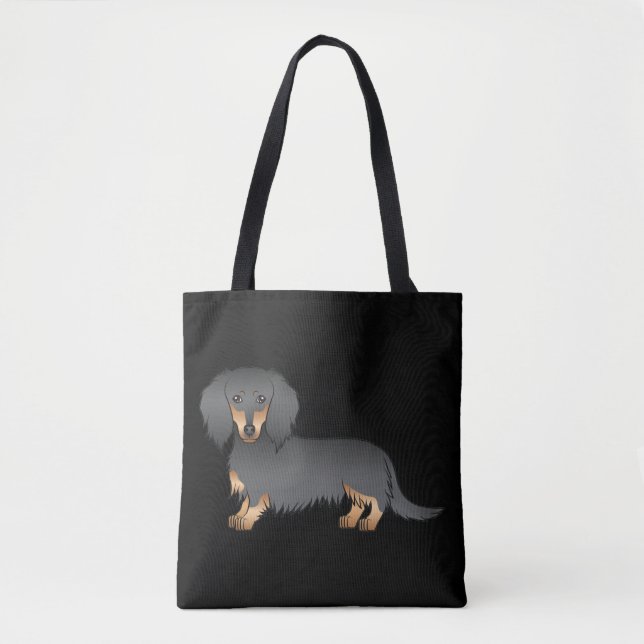 Svart och Tan Långhårig Dachshund Tecknad Hund Tygkasse (Framsida)