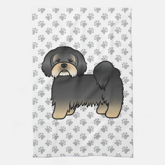 Svart Och Tan Lhasa Apso Söt Tecknad Hund Kökshandduk (Vertikal)
