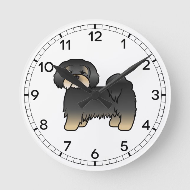 Svart Och Tan Lhasa Apso Söt Tecknad Hund Rund Klocka (Framsida)