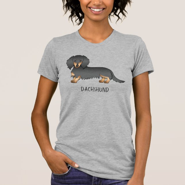 Svart och Tan Long Hair Dachshund Tecknad hund & T T Shirt (Framsida)