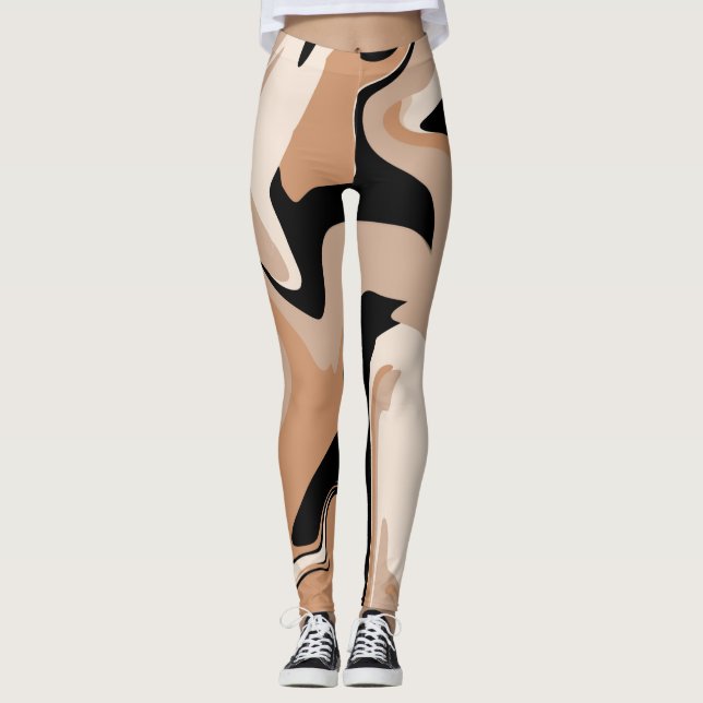 Svart och Tan marmor mönster Leggings (Framsida)