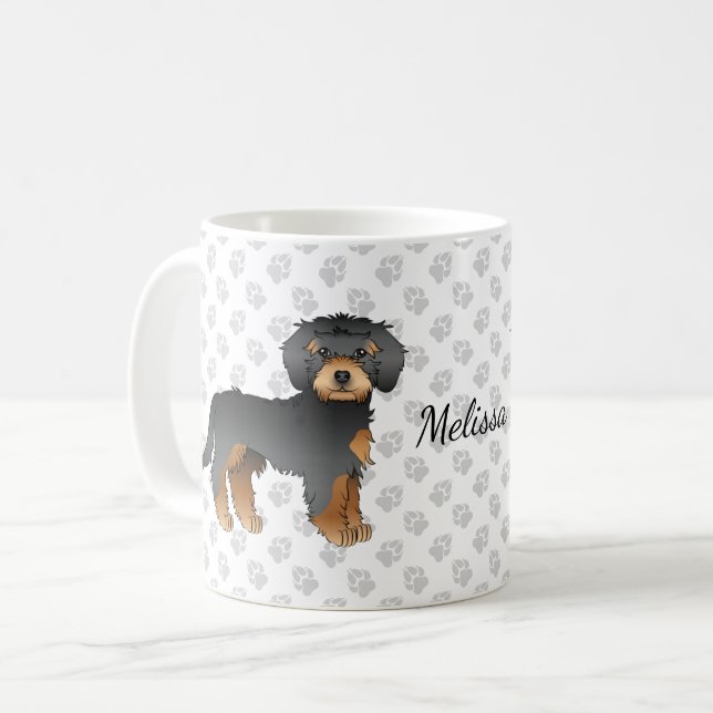 Svart Och Tan Mini Goldendoodle Tecknad Hund & Nam Kaffemugg (Framsida vänster)