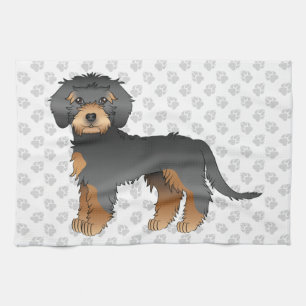 Svart Och Tan Mini Goldendoodle Tecknad Hund & Tas Kökshandduk