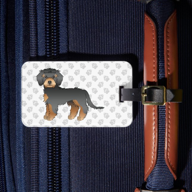 Svart Och Tan Mini Goldendoodle Tecknad Hund & Tex Bagagebricka (Framsida Insitu 4)
