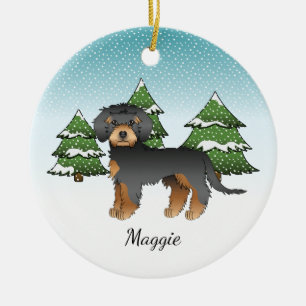 Svart och Tan Mini Goldendoodle - Vinter Skog Julgransprydnad Keramik