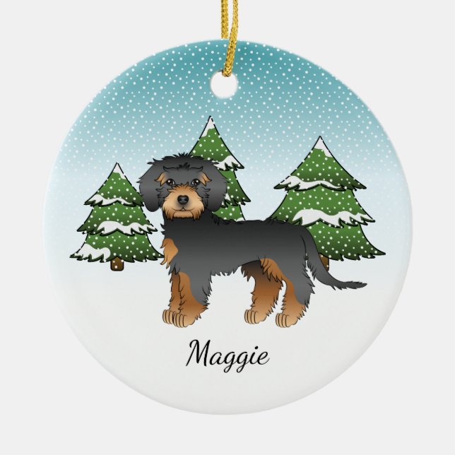 Svart och Tan Mini Goldendoodle - Vinter Skog Julgransprydnad Keramik (Framsidan)
