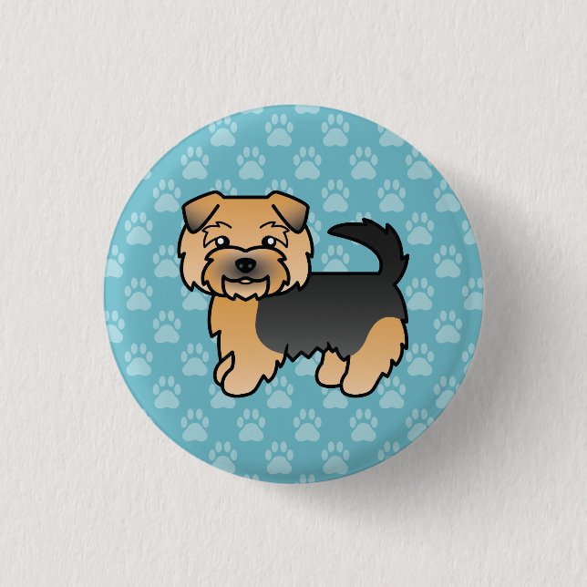 Svart Och Tan Norfolk Terrier Hund På Blått Knapp (Framsida)