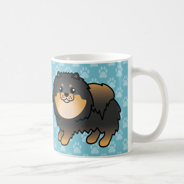Svart Och Tan Päls Pomeranian Hundar På Blå Kaffemugg (Höger)