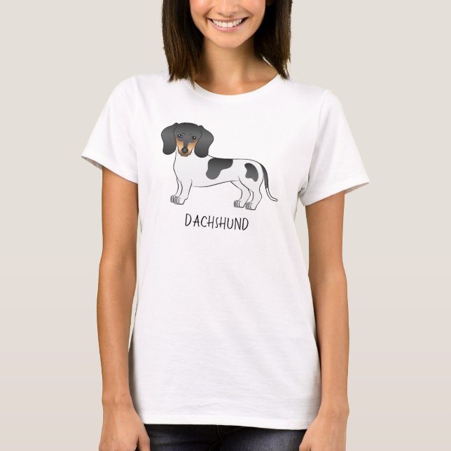 Svart och Tan Piebald Kort Hair Dachshund & Text T Shirt (Framsida)