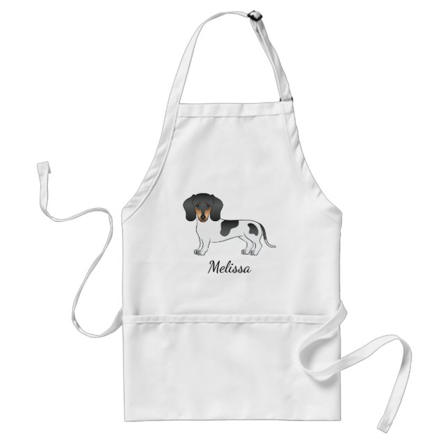Svart Och Tan Piebald Korthårig Dachshund & Namn Förkläde (Framsidan)