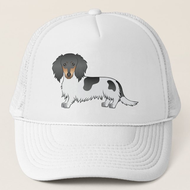 Svart och Tan Piebald Långhårig Dachshund Hund Keps (Framsida)