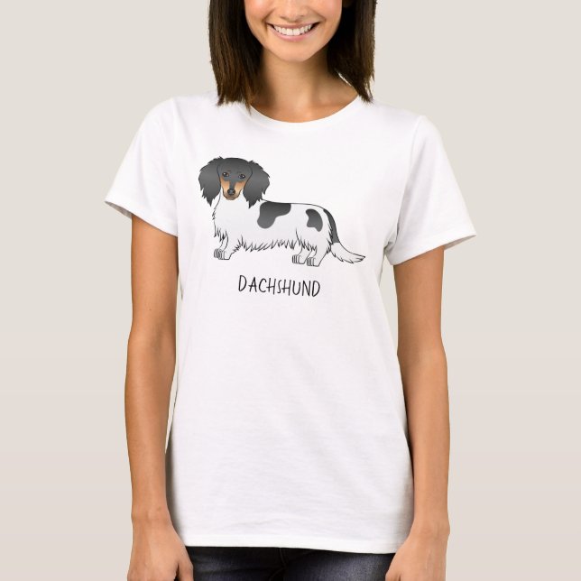 Svart och tan Piebald Long Hair Dachshund & Text T Shirt (Framsida)