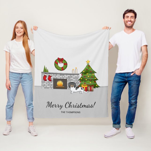 Svart och Tan Pied Long Hair Dachshund jul Fleecefilt (På plats)