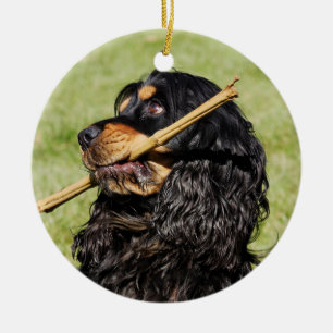 Svart och Tan Playful Cocker Spain Puppy Hund Julgransprydnad Keramik