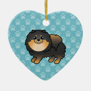 Svart och Tan Pomeranian Hund Tecknad Teckning Julgransprydnad Keramik