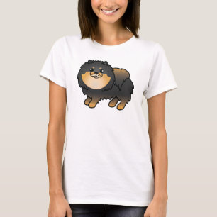 Svart och Tan Pomeranian Söt Tecknad Hund T Shirt