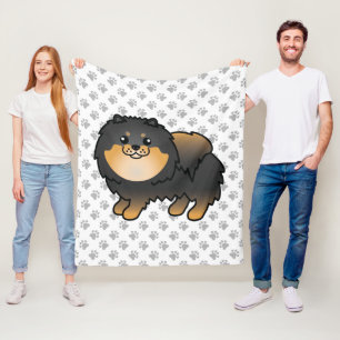 Svart Och Tan Pomeranian Söt Tecknad Hund & Tassar Fleecefilt