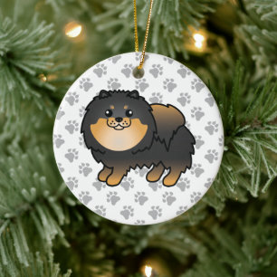 Svart Och Tan Pomeranian Söt Tecknad Hund & Tassar Julgransprydnad Keramik