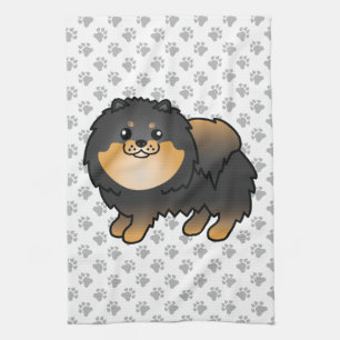 Svart Och Tan Pomeranian Söt Tecknad Hund & Tassar Kökshandduk
