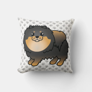 Svart och Tan Pomeranian Söt Tecknad Hund & Tassar Kudde