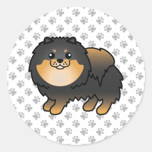 Svart Och Tan Pomeranian Söt Tecknad Hund & Tassar Runt Klistermärke