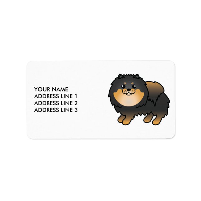 Svart Och Tan Pomeranian Söt Tecknad Hund & Text Adressetikett (Framsidan)