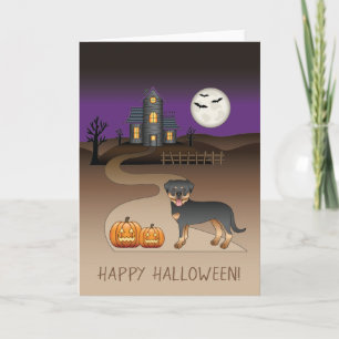 Svart Och Tan Rottweiler Halloween Spökhus Kort