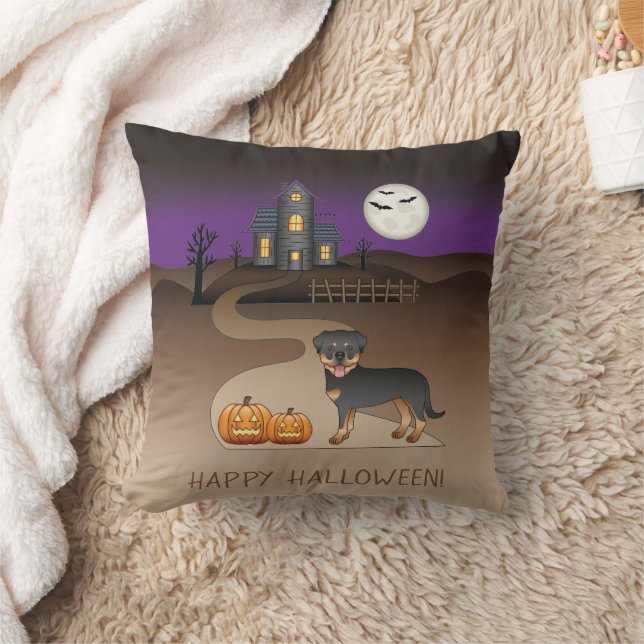 Svart och Tan Rottweiler Halloween Spökhus Kudde (Filt)