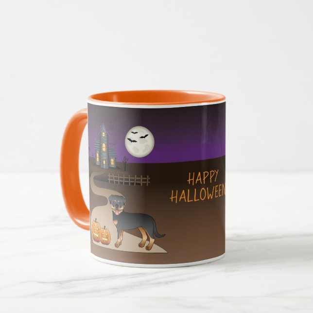 Svart och Tan Rottweiler Halloween Spökhus Mugg (Framsida vänster)