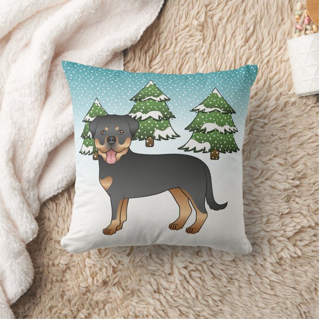 Svart och Tan Rottweiler Hund I En Vinter Skog Kudde (Filt)