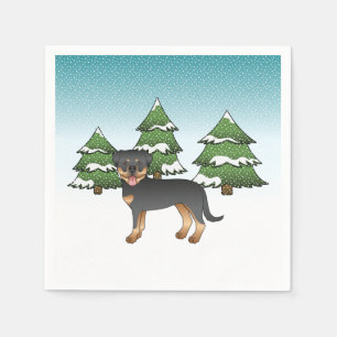 Svart och Tan Rottweiler Hund I En Vinter Skog Pappersservett