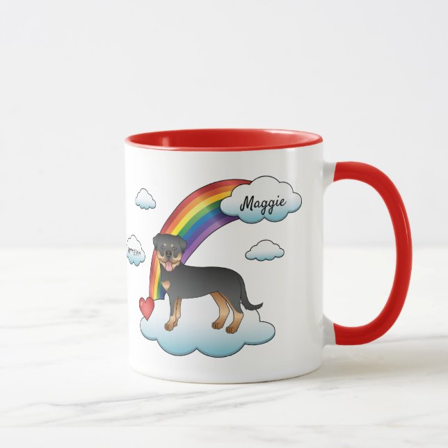 Svart Och Tan Rottweiler Hund Regnbåge Minnesmärke Mugg (Höger)