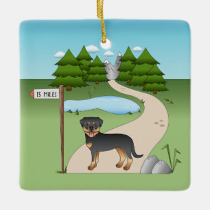 Svart Och Tan Rottweiler Hund Vid En Vandringsled Julgransprydnad Keramik