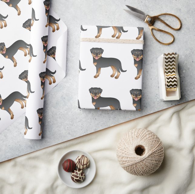 Svart Och Tan Rottweiler Söt Tecknad Hundmönster Presentpapper (Hantverk)