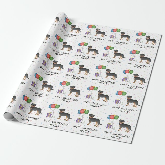 Svart och Tan Rottweiler Tecknad Hund - Födelsedag Presentpapper (Utrullad)