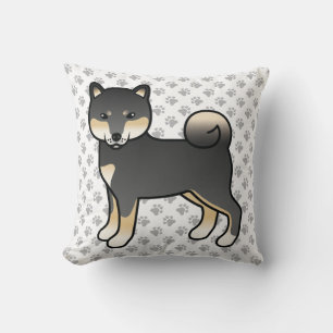 Svart Och Tan Shiba Inu Tecknad Hund & Tassar Kudde