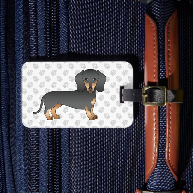 Svart och Tan Slät Hår Dachshund Hund & Text Bagagebricka (Framsida Insitu 4)